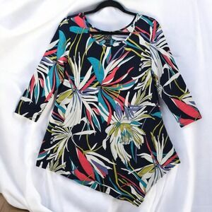 Clara Sun Woo Floral Print Tunic Top Colorful‎ 3/4 Sleeve Asymmetric Hem Small
